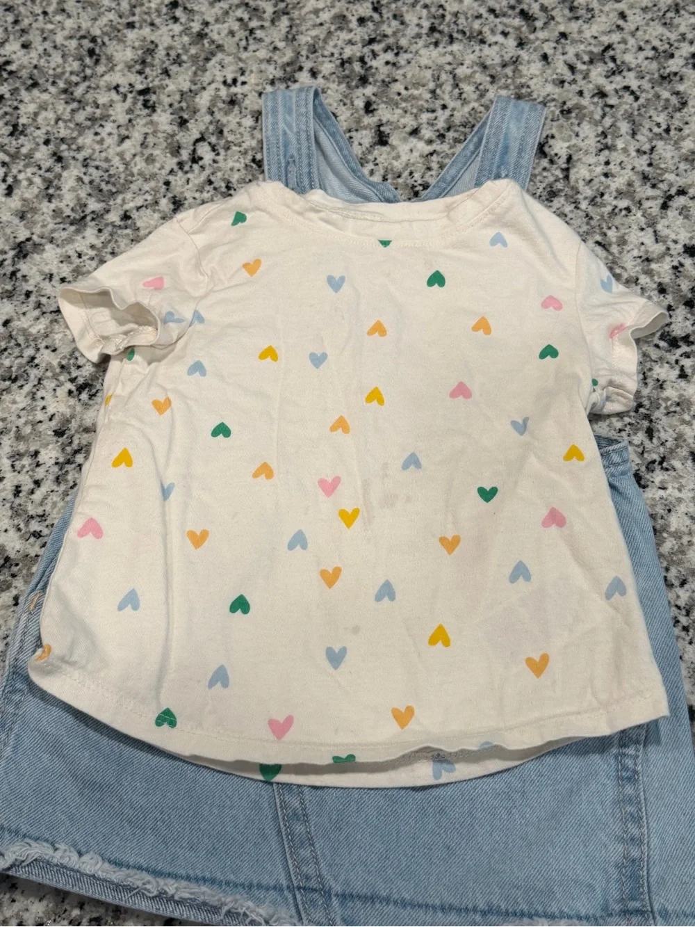 Old Navy Girl's Light Blue Denim Overall Skirt with Heart Print Tee Set, Size 2T